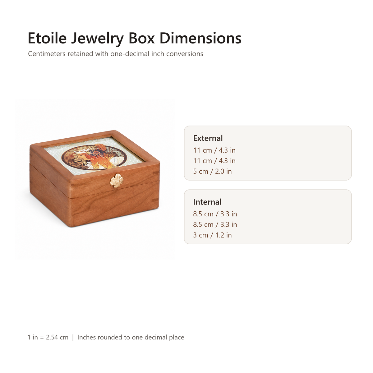 Etoile jewelry box dimensions in centimeters and inches