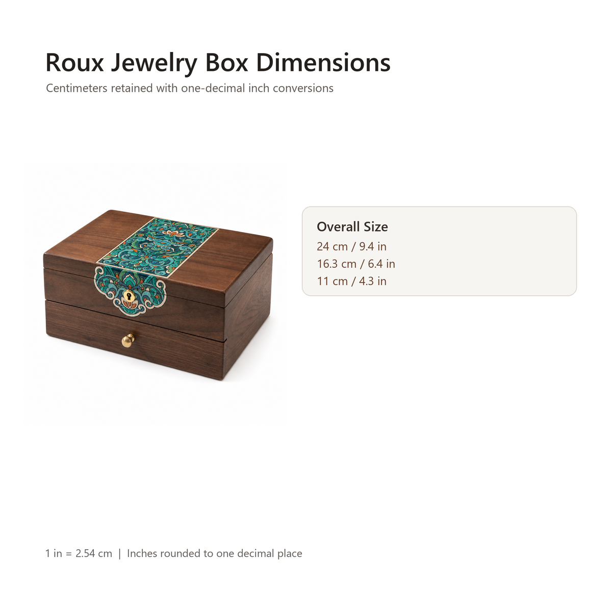Roux decorative wood jewelry box dimensions in centimeters and inches