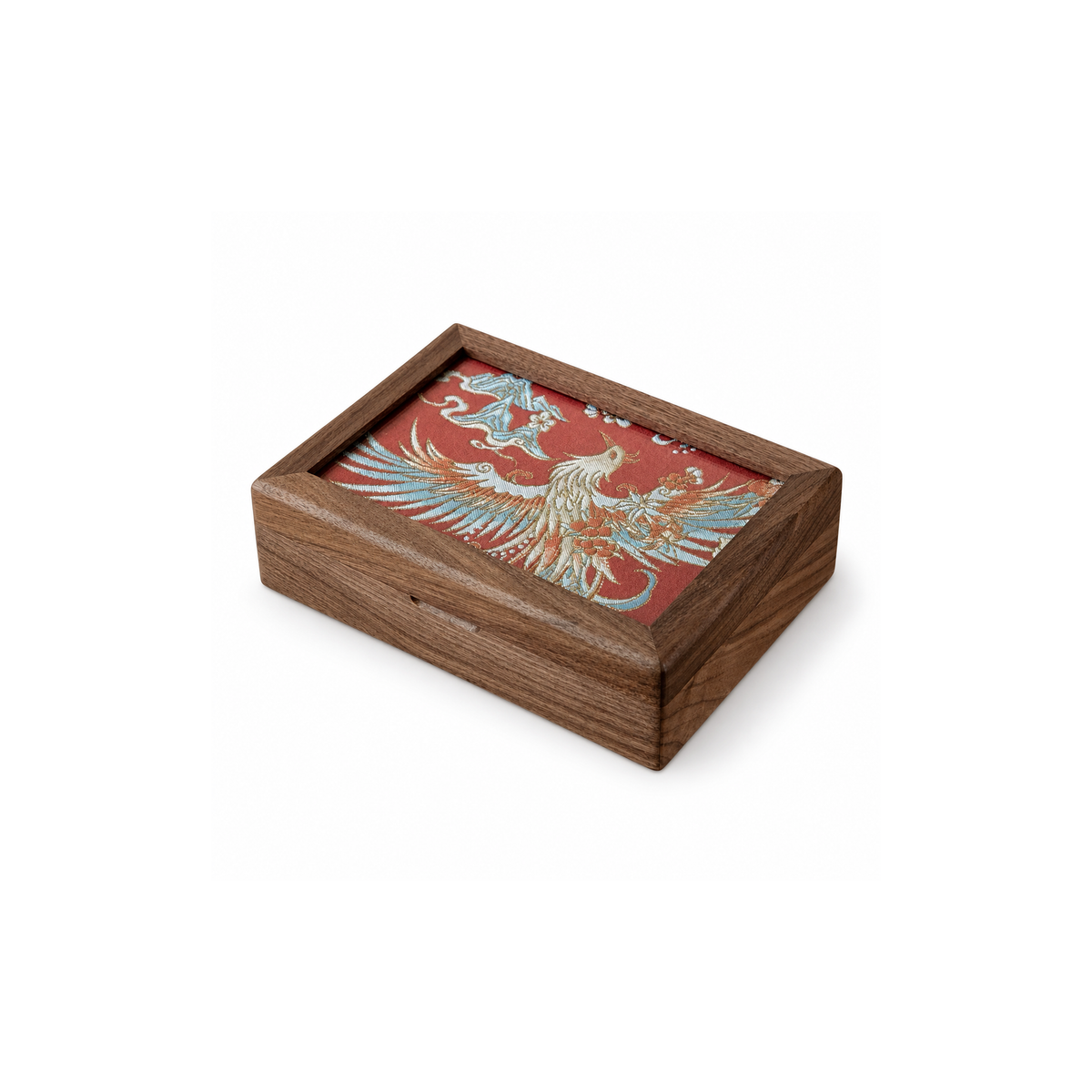 Lorynn Phoenix embroidered walnut jewelry box on white background