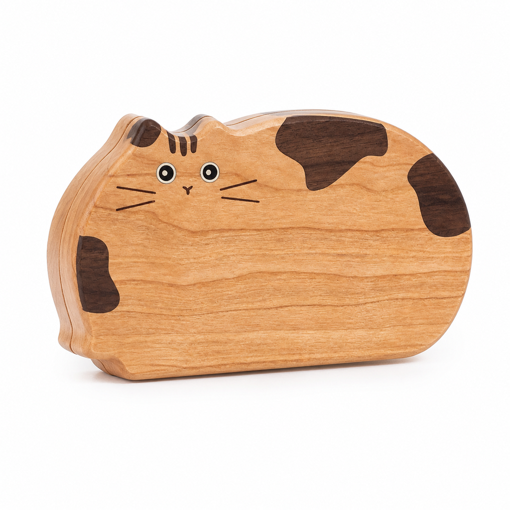 Kitty cat-shaped cherry wood jewelry box on white background