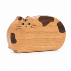 Kitty cat-shaped cherry wood jewelry box on white background