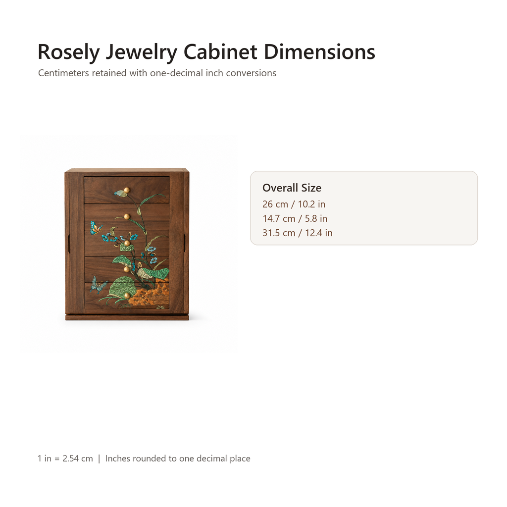 Rosely rotating walnut jewelry cabinet dimensions in centimeters and inches