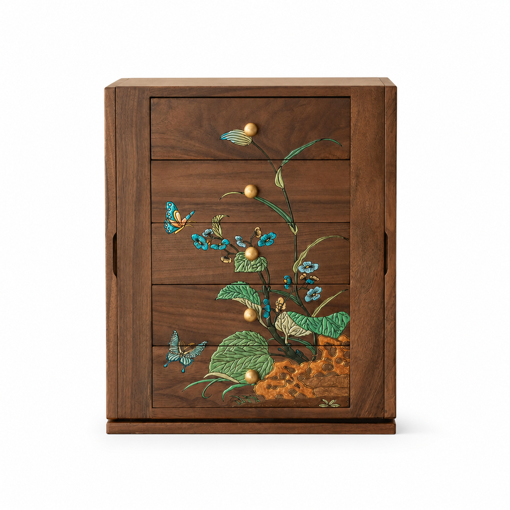Rosely rotating walnut jewelry cabinet with hand-painted floral bird and butterfly artwork on white background