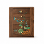 Rosely rotating walnut jewelry cabinet with hand-painted floral bird and butterfly artwork on white background