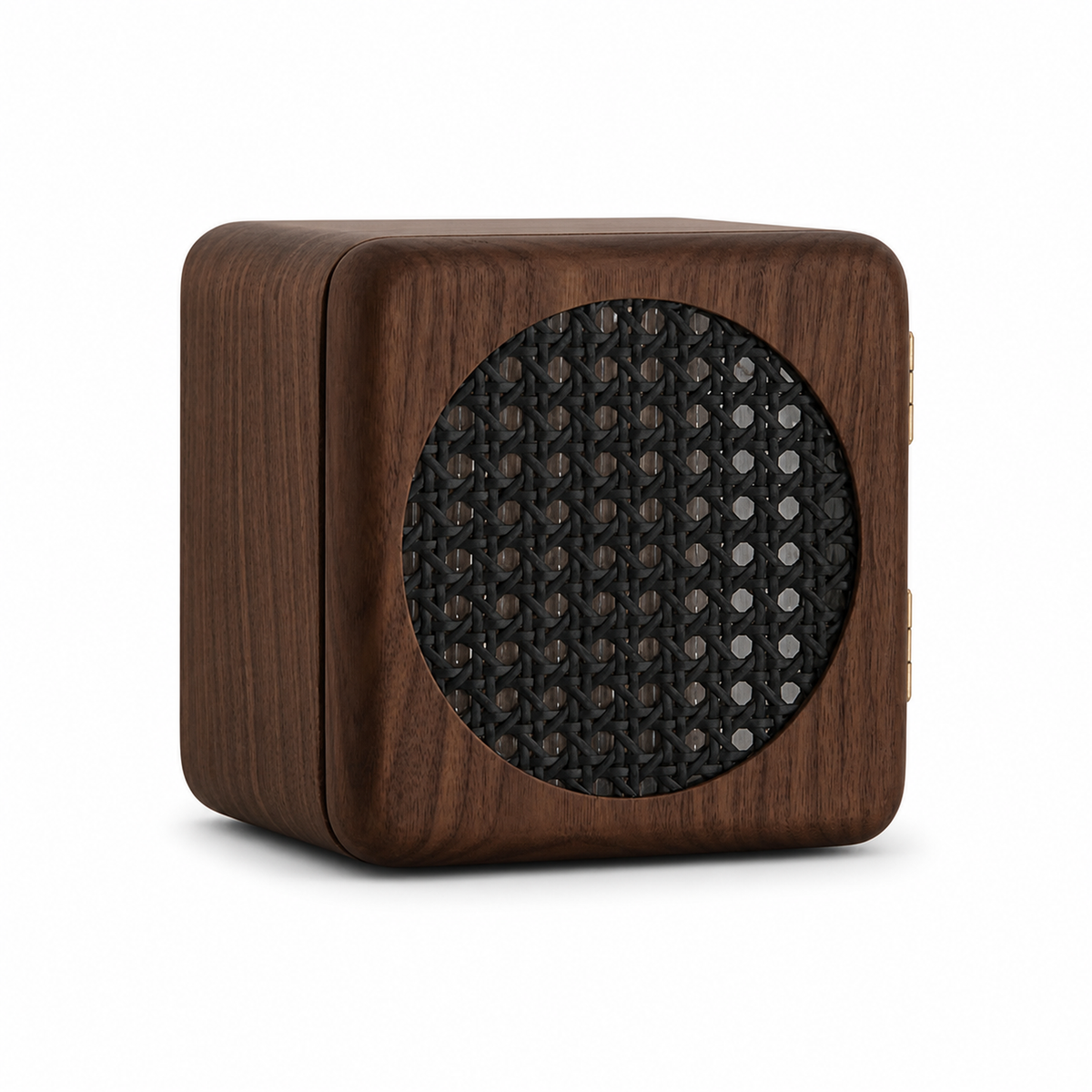 Elina walnut jewelry cabinet with black rattan door on white background