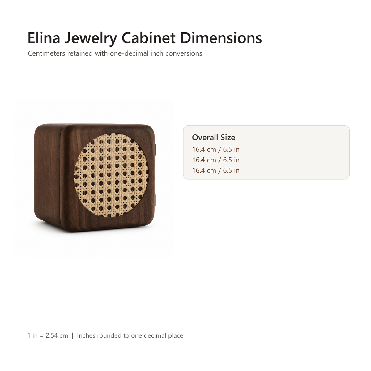 Elina walnut jewelry cabinet dimensions in centimeters and inches