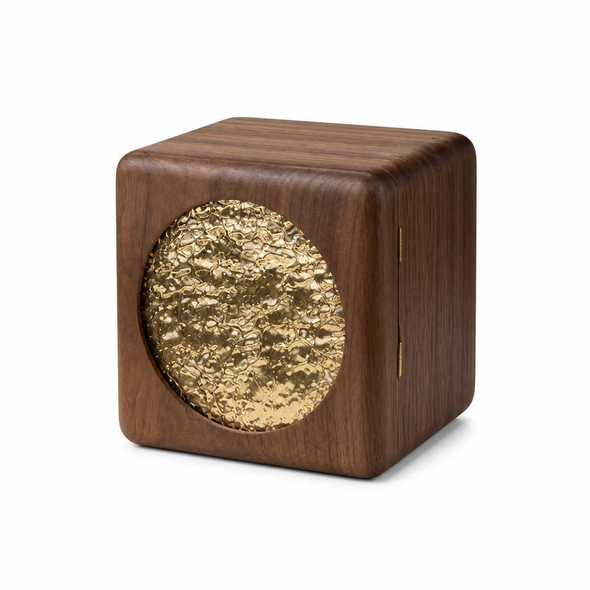 Elina walnut jewelry cabinet with gold textured door on white background
