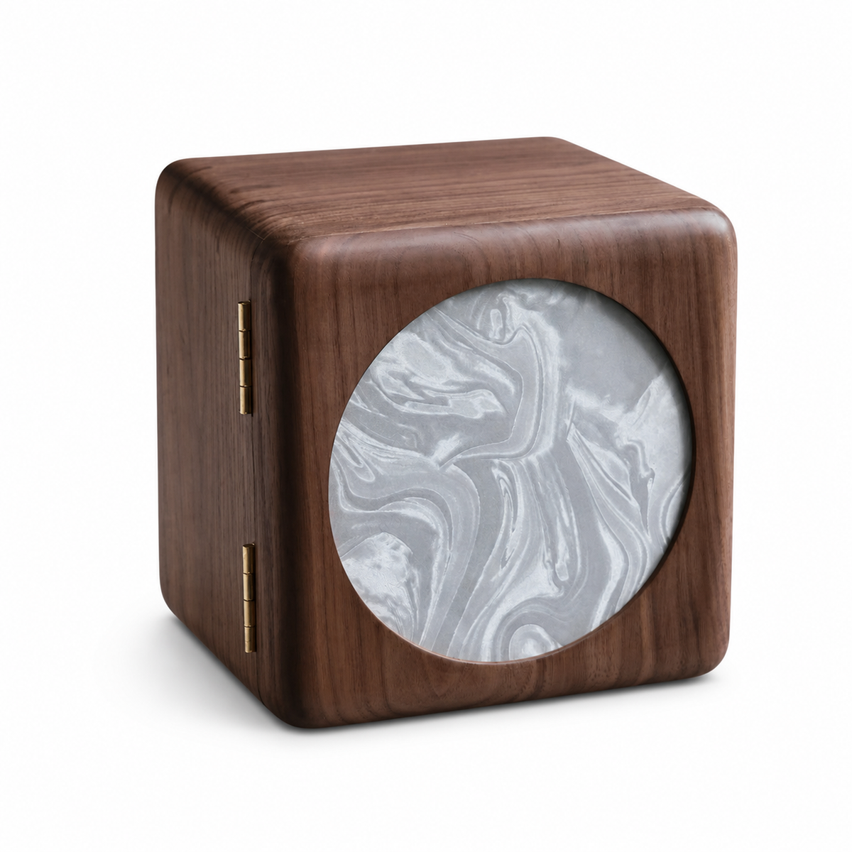 Elina walnut jewelry cabinet with gray marble-pattern door on white background