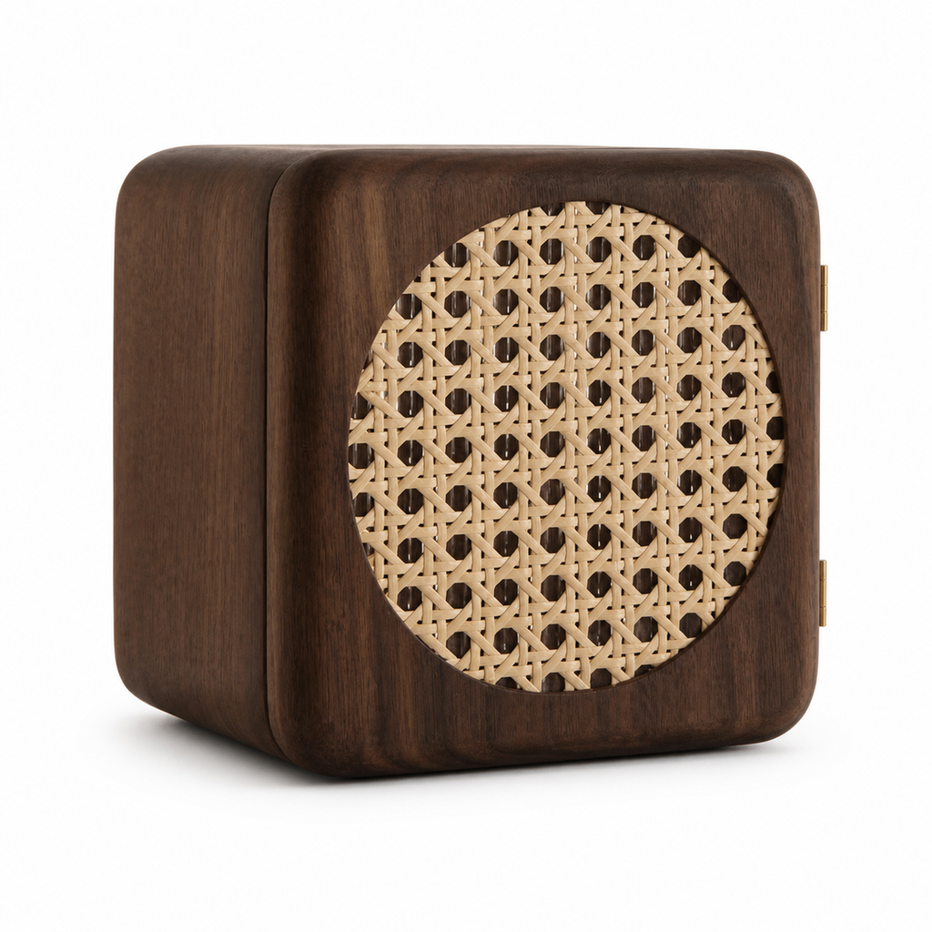 Elina walnut jewelry cabinet with natural rattan door on white background