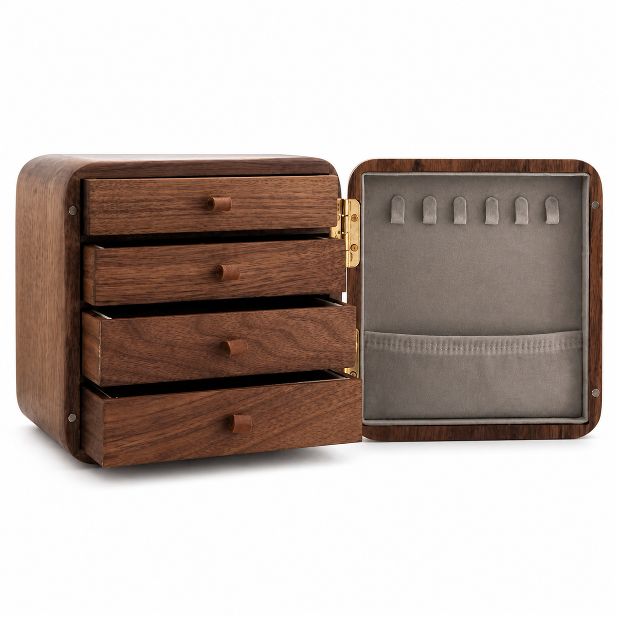 Elina walnut jewelry cabinet open interior with four drawers hooks and storage pocket