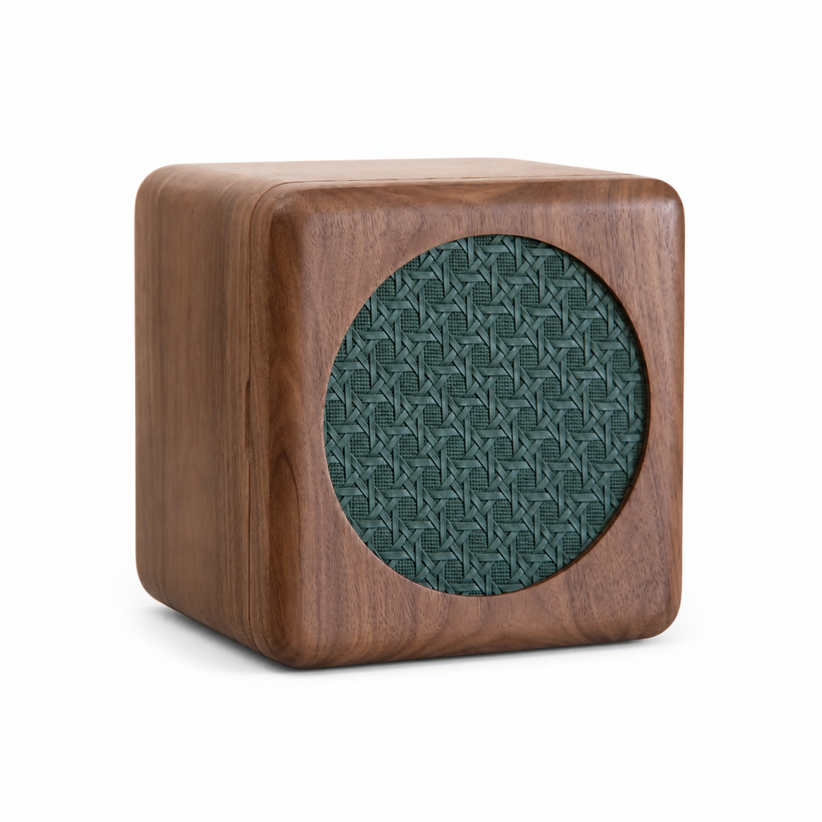 Elina walnut jewelry cabinet with sage woven door on white background