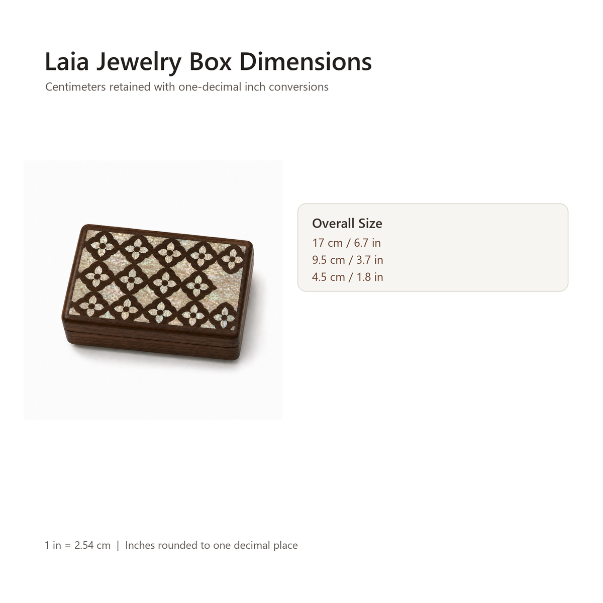 Laia mother-of-pearl inlay jewelry box dimensions in centimeters and inches