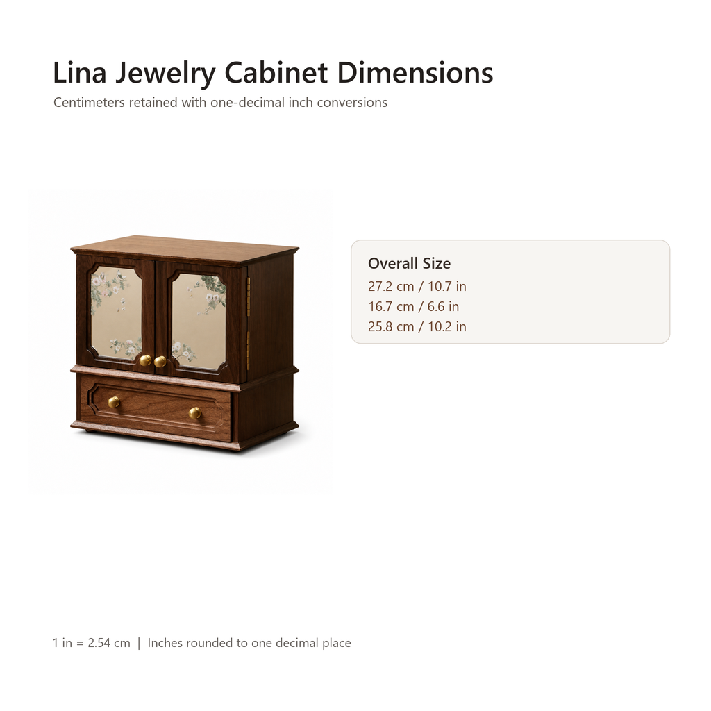 Lina walnut jewelry cabinet dimensions in centimeters and inches