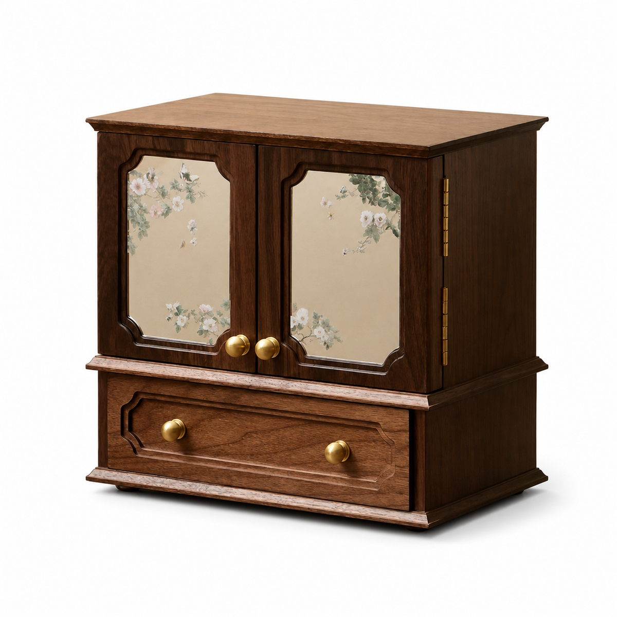 Lina walnut jewelry cabinet with floral mirror doors on white background