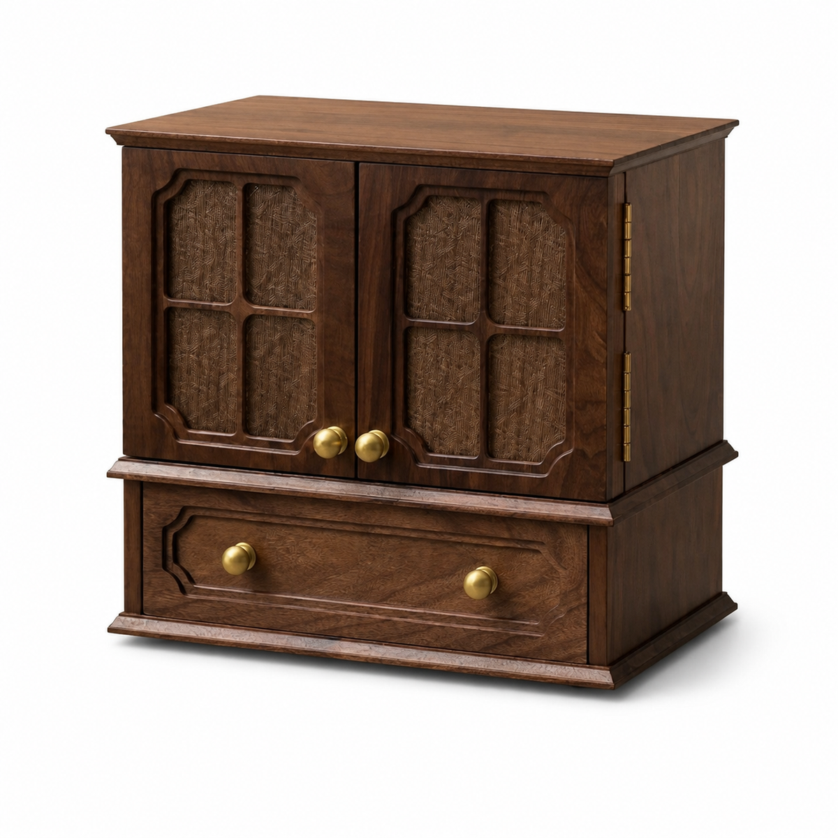 Lina walnut jewelry cabinet with woven wood doors on white background