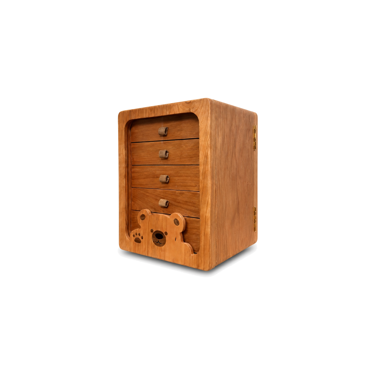 Peoria cherry rotating jewelry cabinet with bear detail on white background