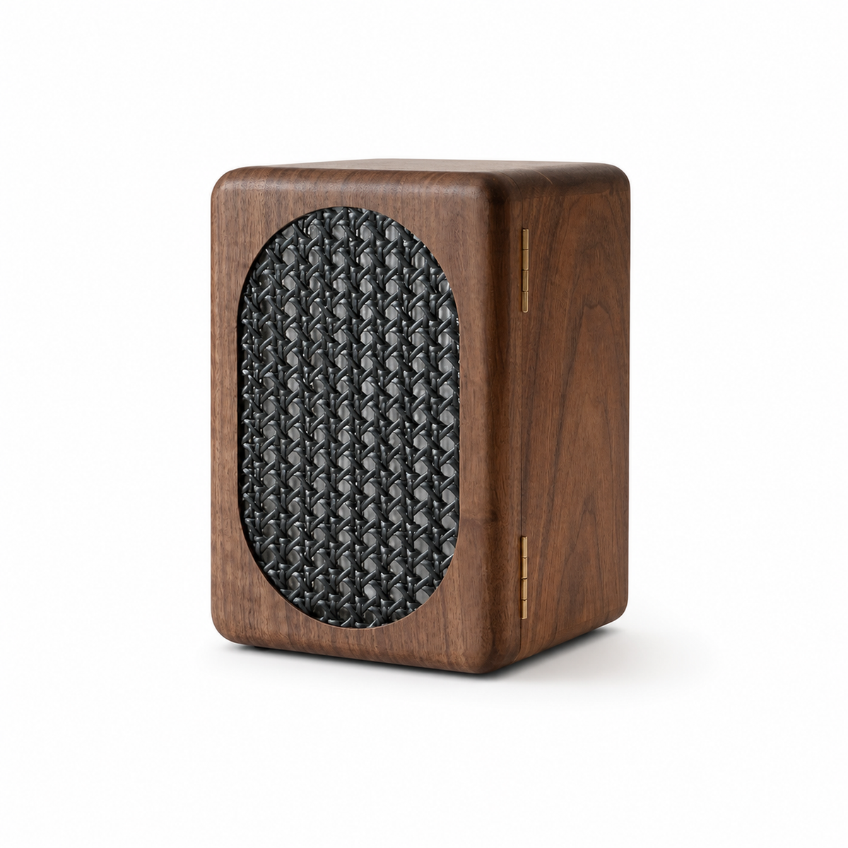 Ambroise black walnut jewelry box with black basket weave panel on white background