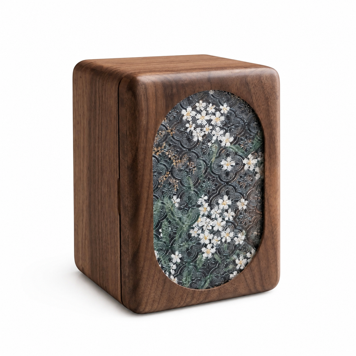 Ambroise black walnut jewelry box with black floral relief panel on white background