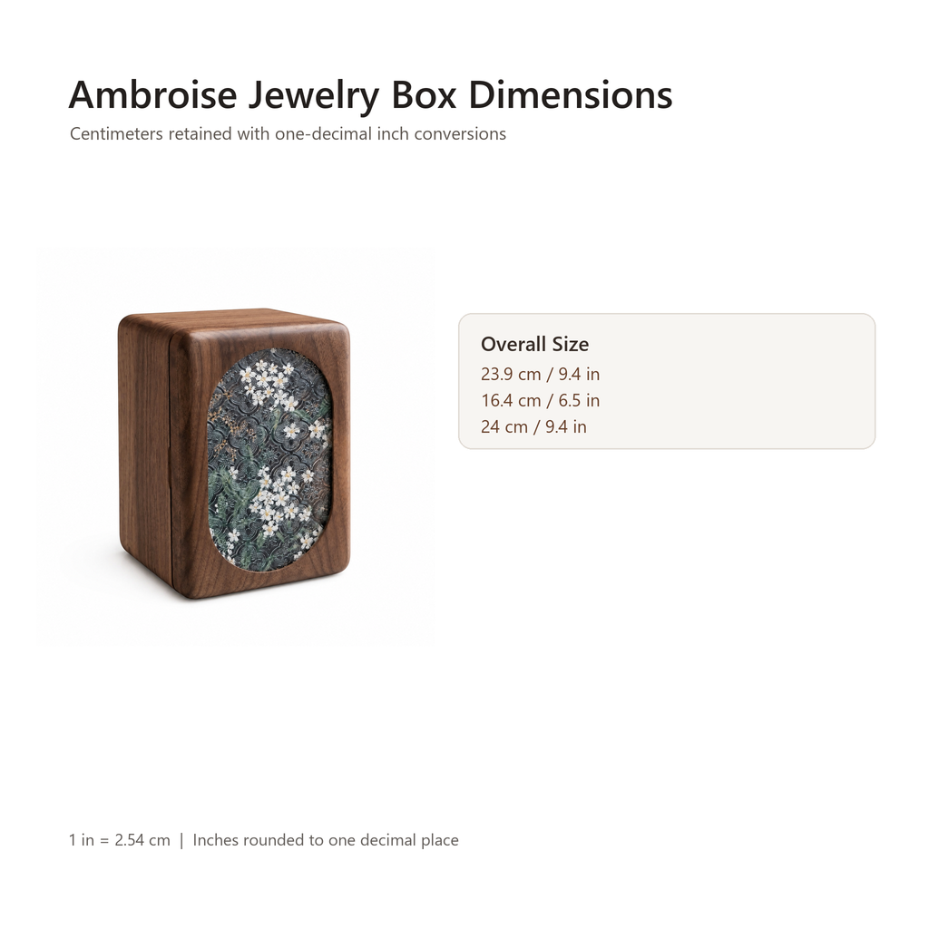 Ambroise walnut jewelry box dimensions in centimeters and inches
