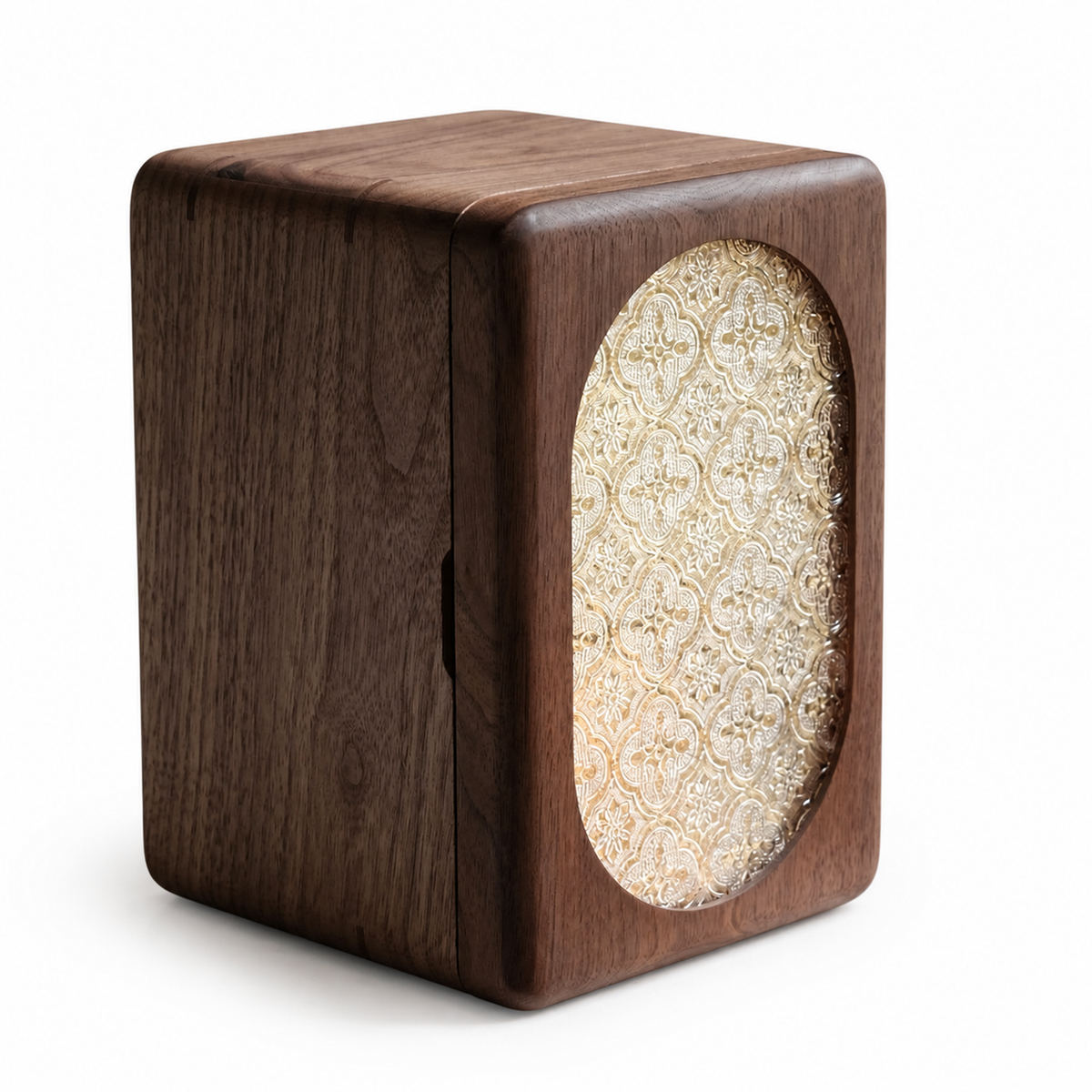 Ambroise black walnut jewelry box with ivory brocade panel on white background