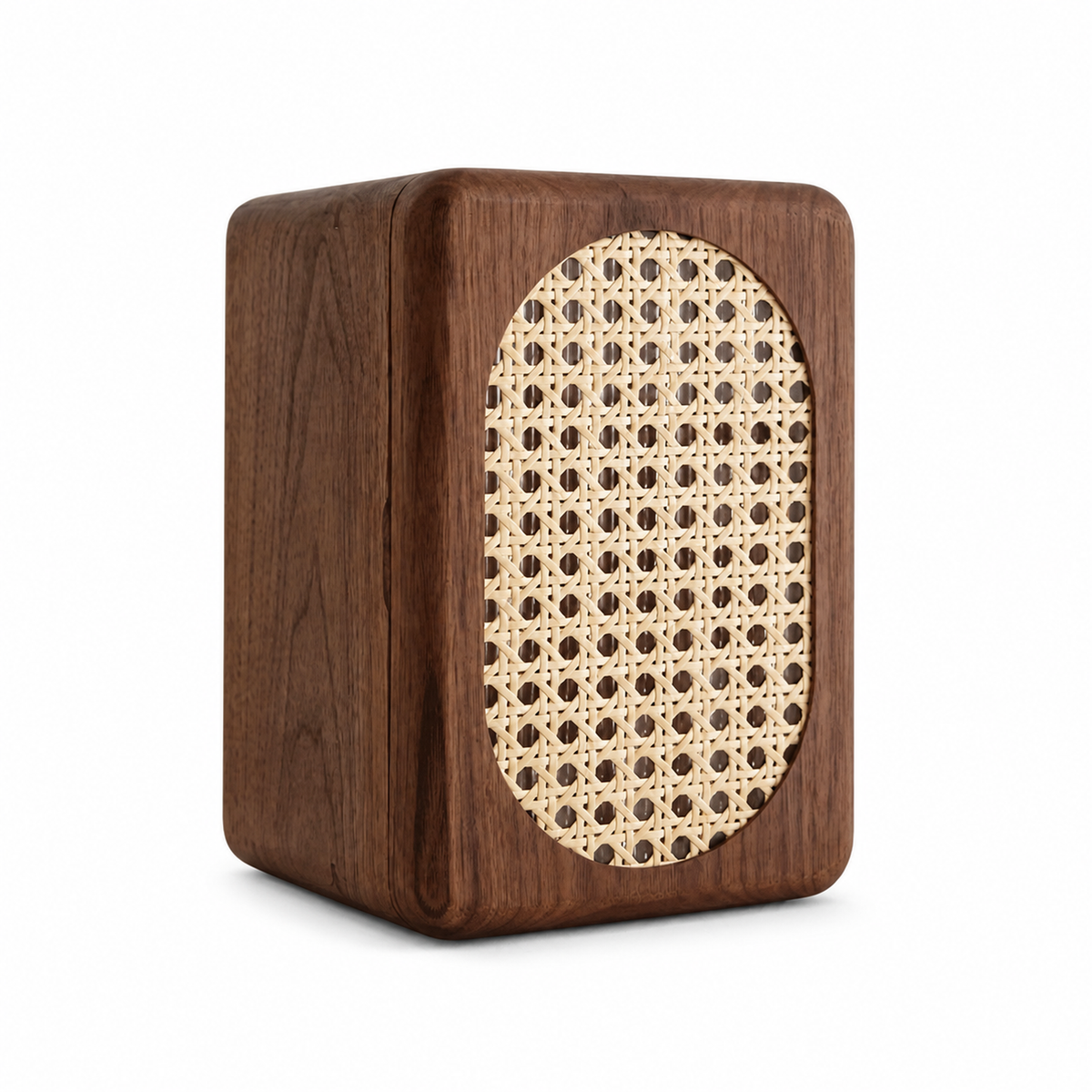 Ambroise black walnut jewelry box with natural cane panel on white background