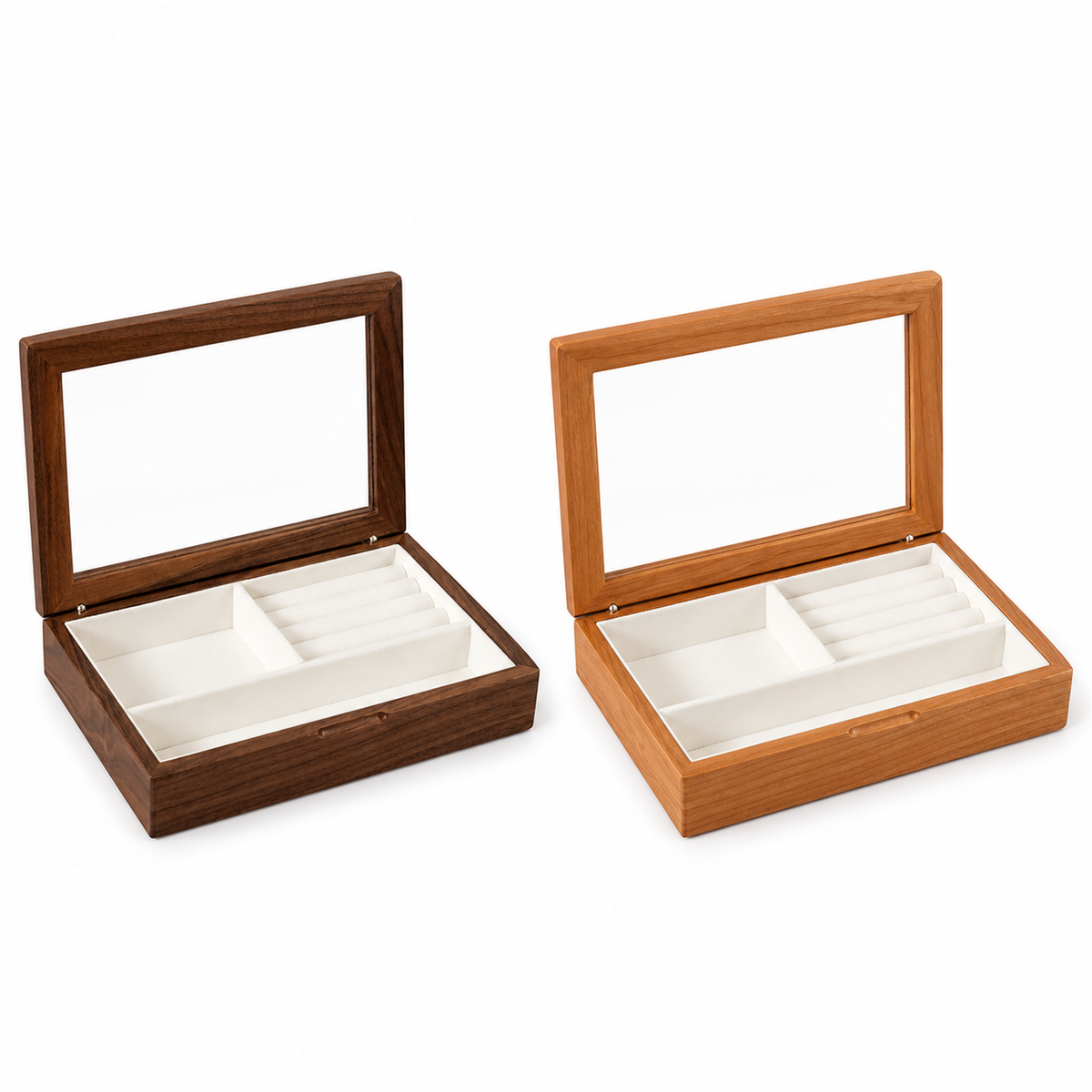 Walnut and cherry Giselle jewelry boxes on white background