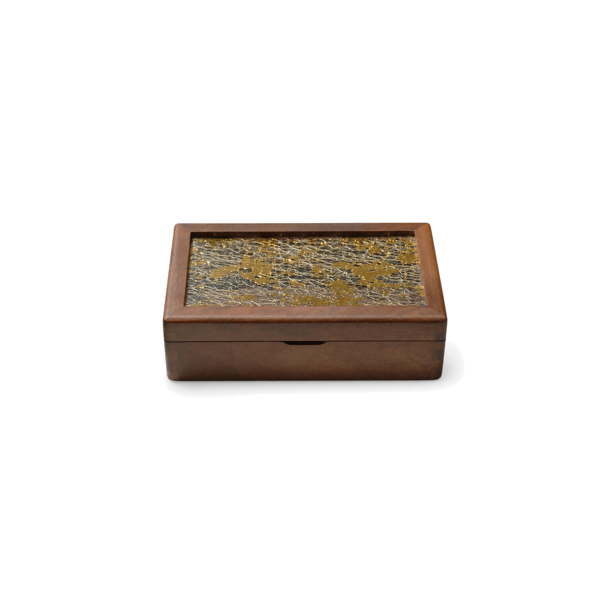 Closed Savoie walnut jewelry box with gold-patterned glass lid on white background
