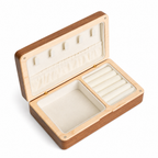 Empty open Coco walnut jewelry box on white background