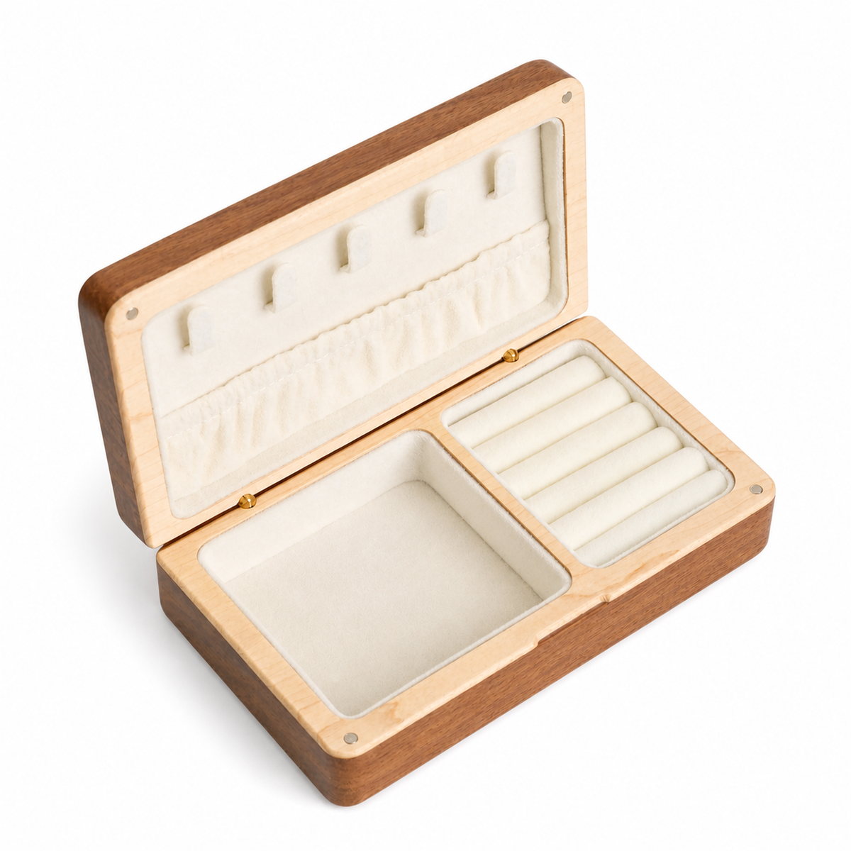 Empty open Coco walnut jewelry box on white background