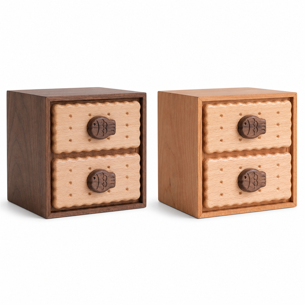 Walnut and cherry Oudine two-drawer cabinets on white background