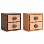 Walnut and cherry Oudine two-drawer cabinets on white background