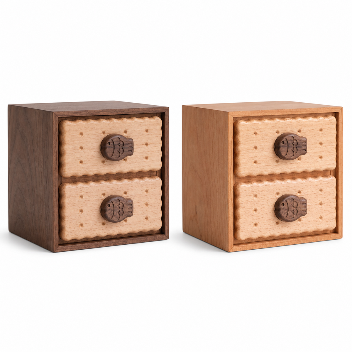 Walnut and cherry Oudine two-drawer cabinets on white background