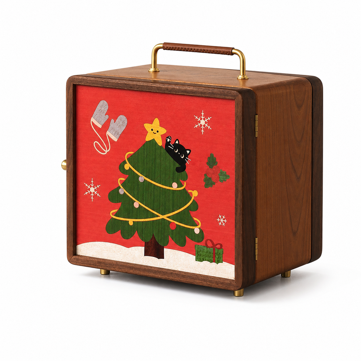 Inla walnut jewelry cabinet with Christmas Tree illustrated door on white background