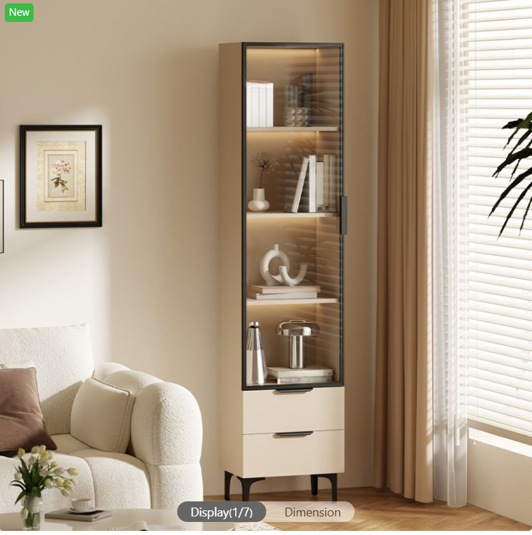 Rectangular Accent Cabinet, Damp-proof and Scratch-immune with Glazed Door, Grip Bars in Chalk, Soft Close Drawer
