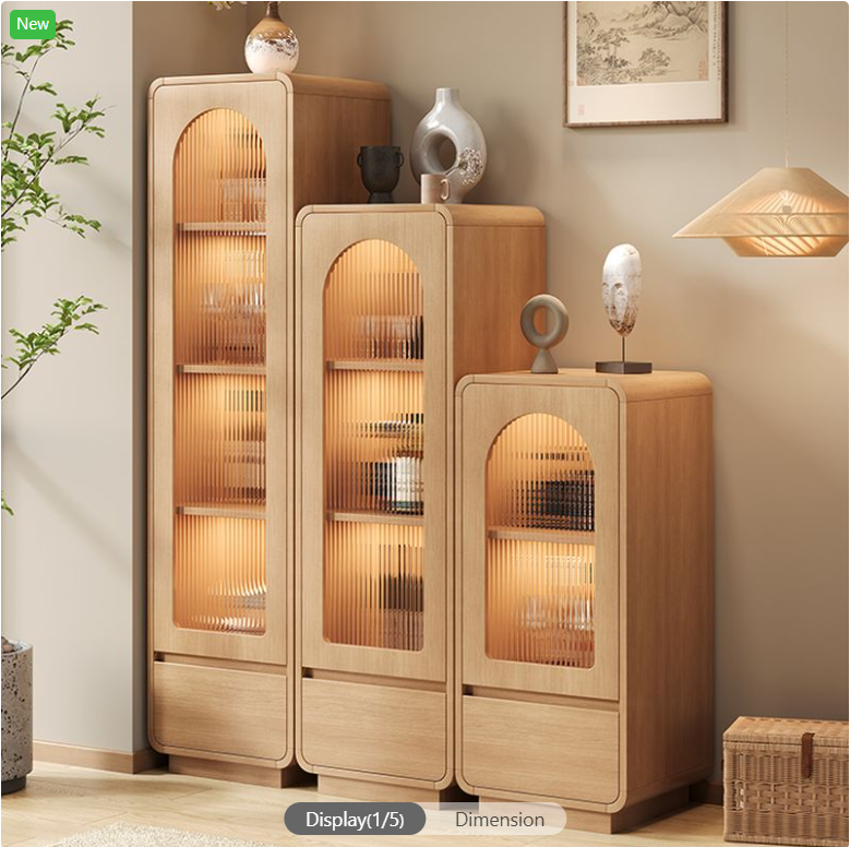Simple Rectangular Accent Cabinet with Closet and Glazed Door in Wood Color, Featuring Soft Close Drawer and LED Lighting