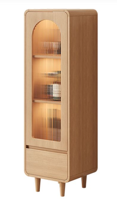 Simple Rectangular Accent Cabinet with Closet and Glazed Door in Wood Color, Featuring Soft Close Drawer and LED Lighting