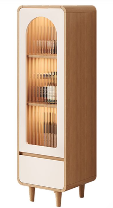 Simple Rectangular Accent Cabinet with Closet and Glazed Door in Wood Color, Featuring Soft Close Drawer and LED Lighting