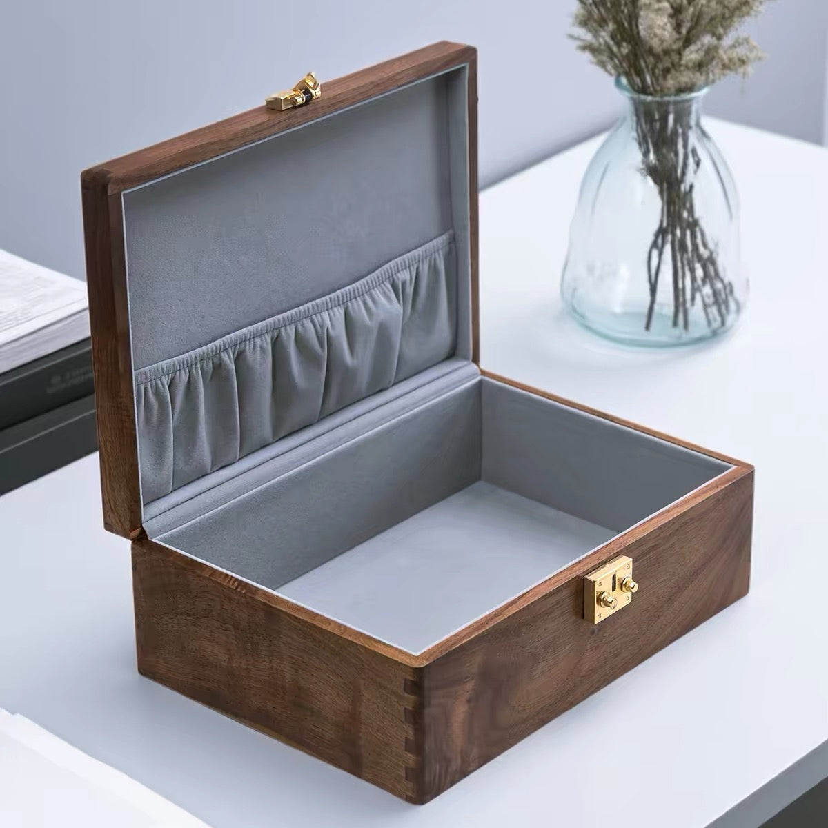 Open Bumfil small walnut document organizer with gray fabric lining