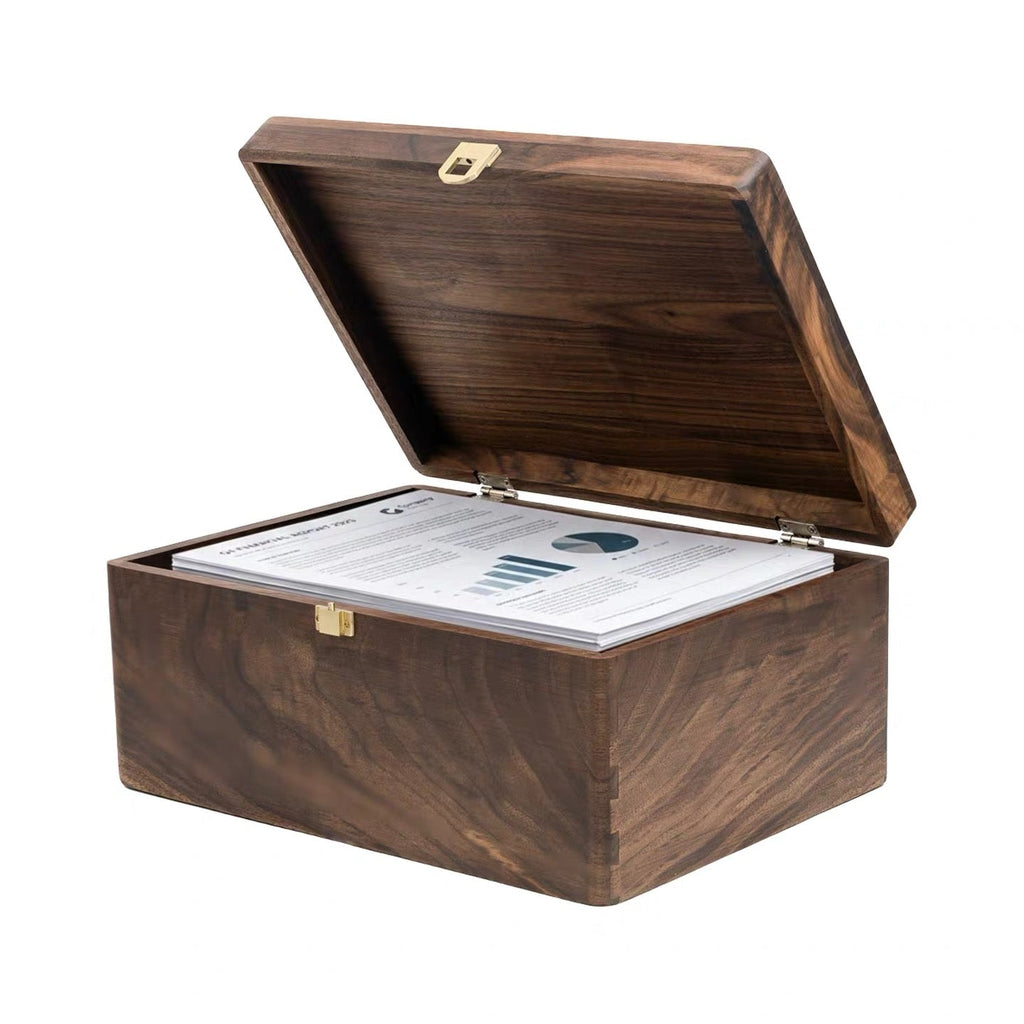 Open Bumfil walnut document organizer holding documents