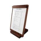 Woodlist Walnut Tabletop Menu Stand on a pure white background