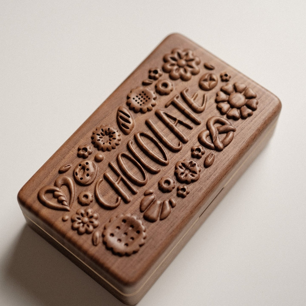 Coco chocolate-inspired carved walnut jewelry box