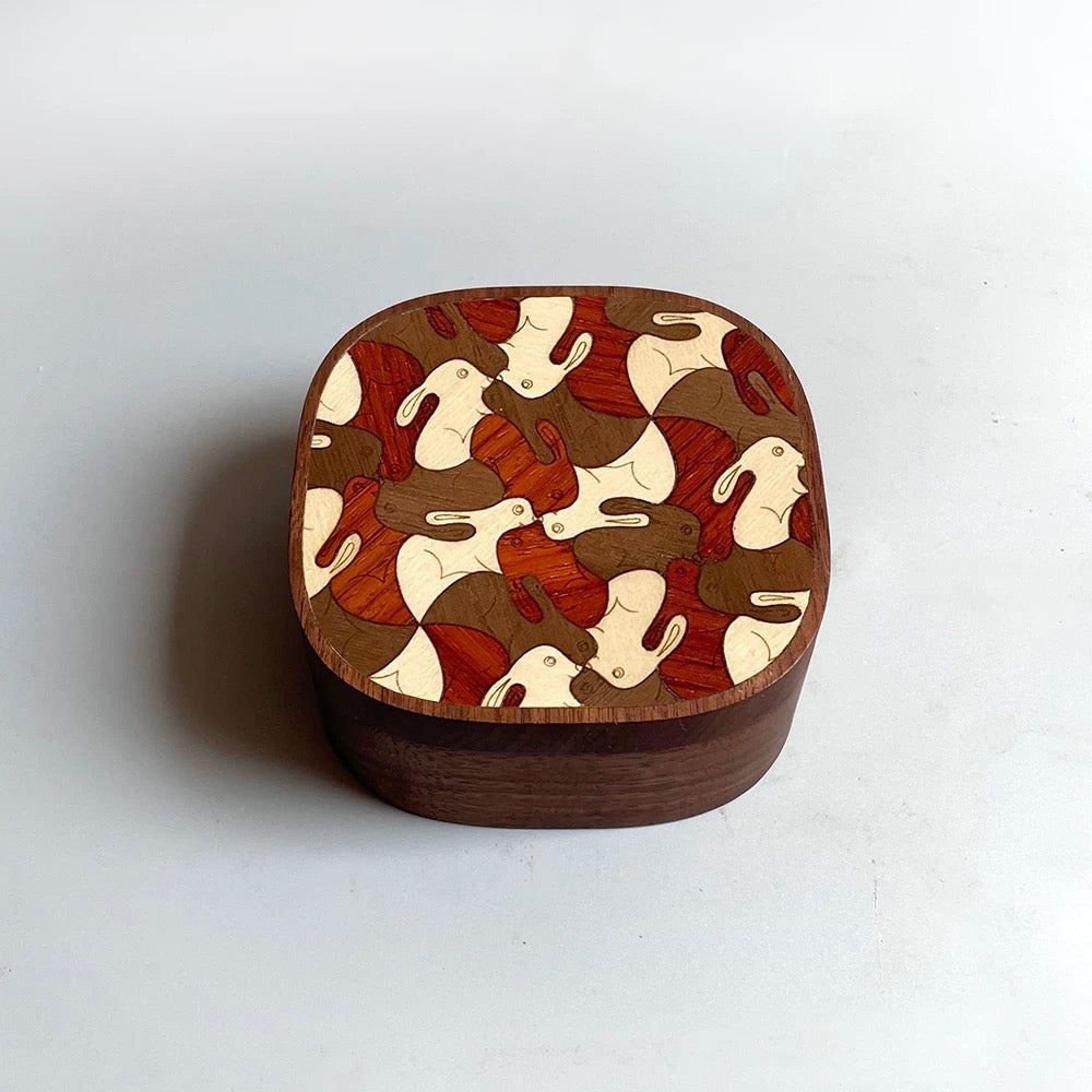 Laya walnut jewelry box with woodland rabbit wood inlay