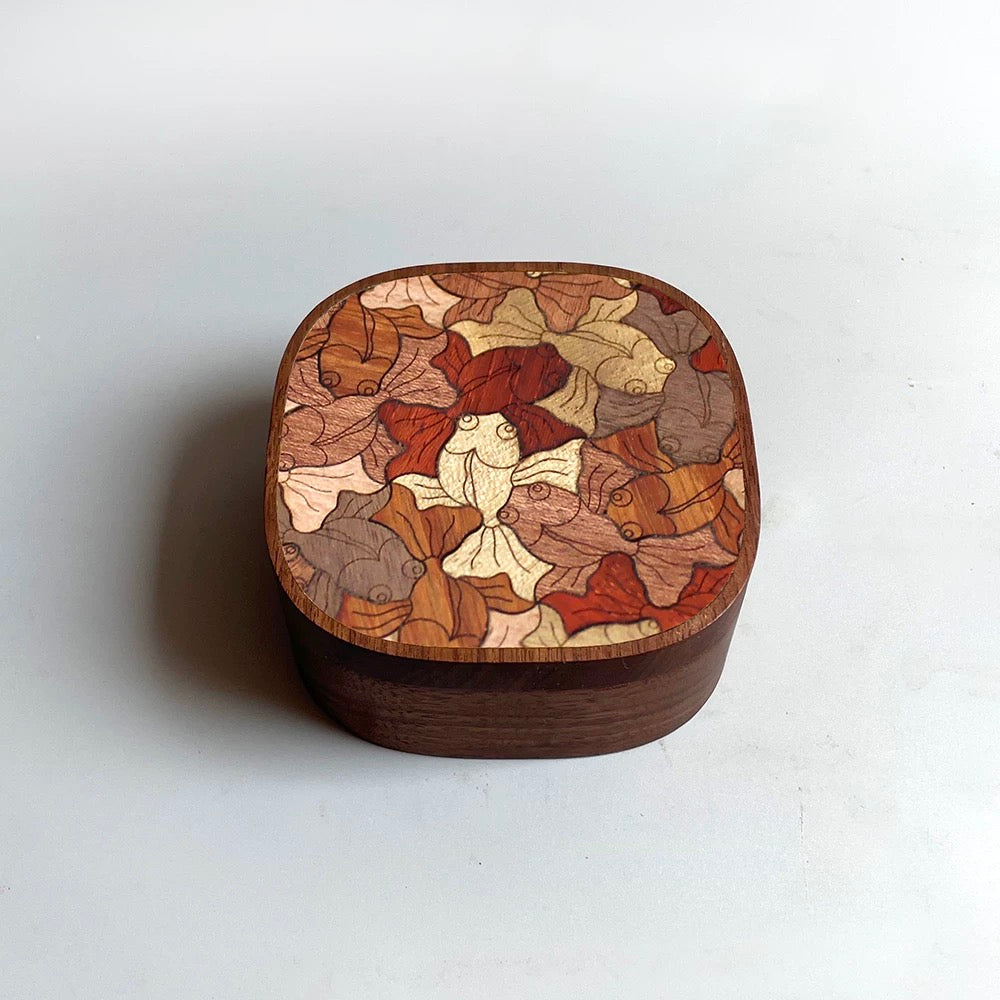 Laya walnut jewelry box with autumn camellia wood inlay