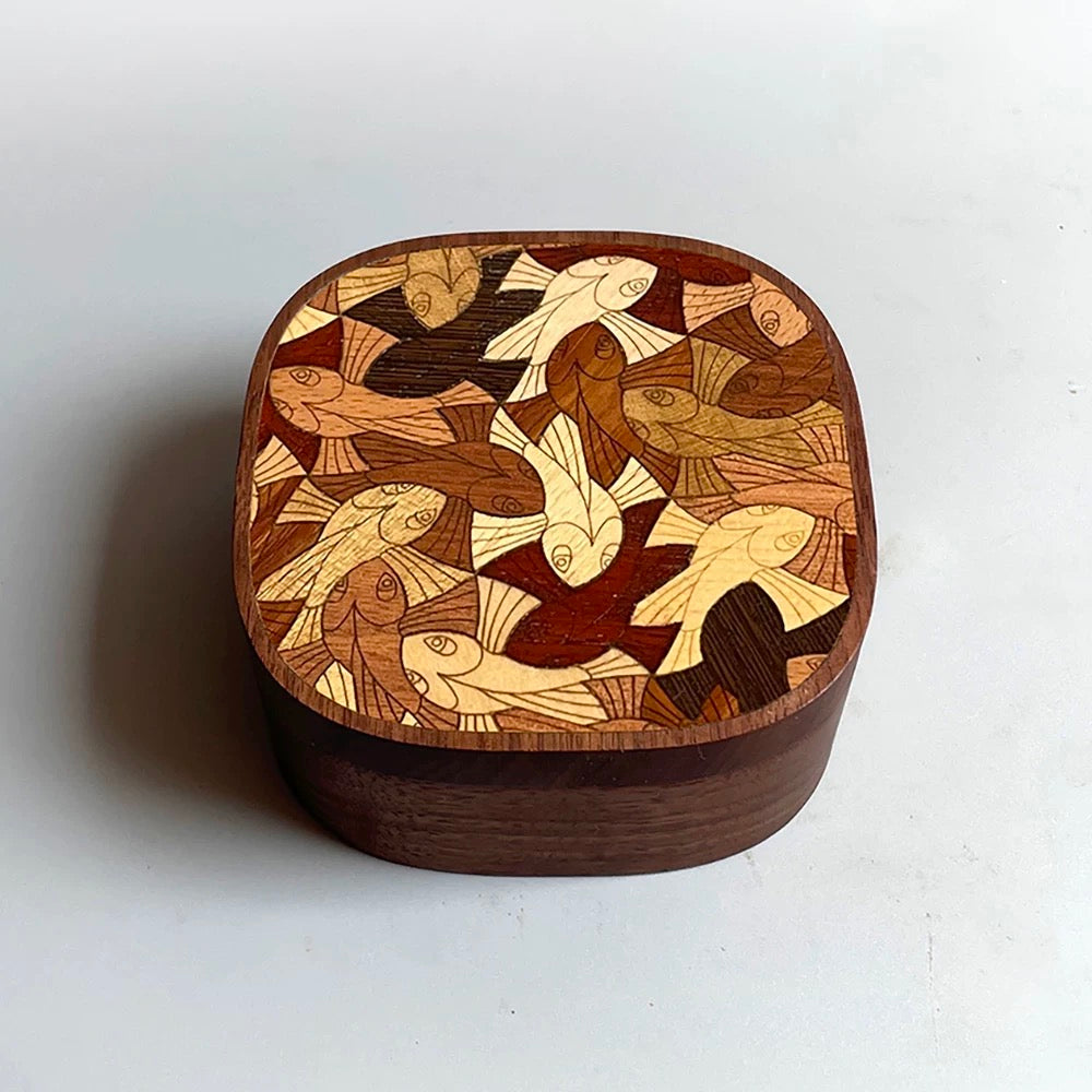Laya walnut jewelry box with bird and foliage wood inlay