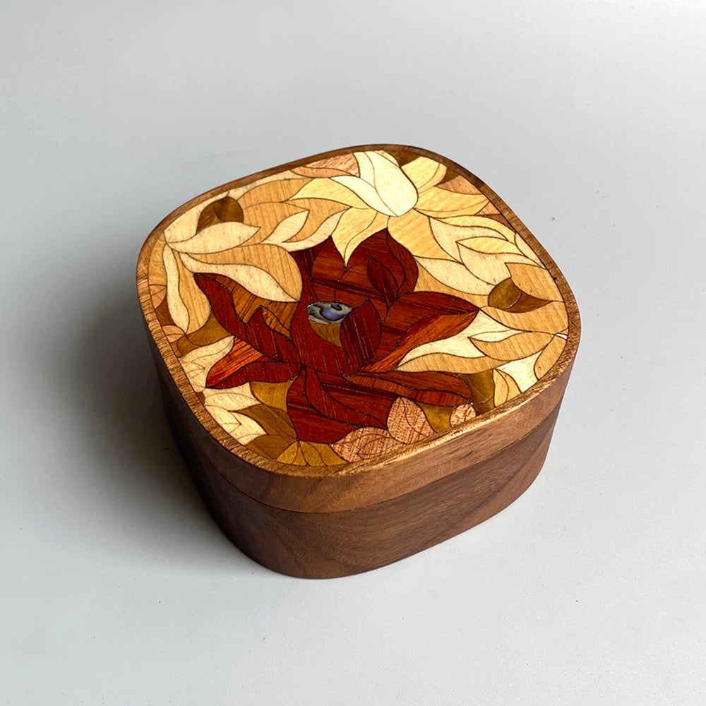 Laya walnut jewelry box with red lily wood inlay
