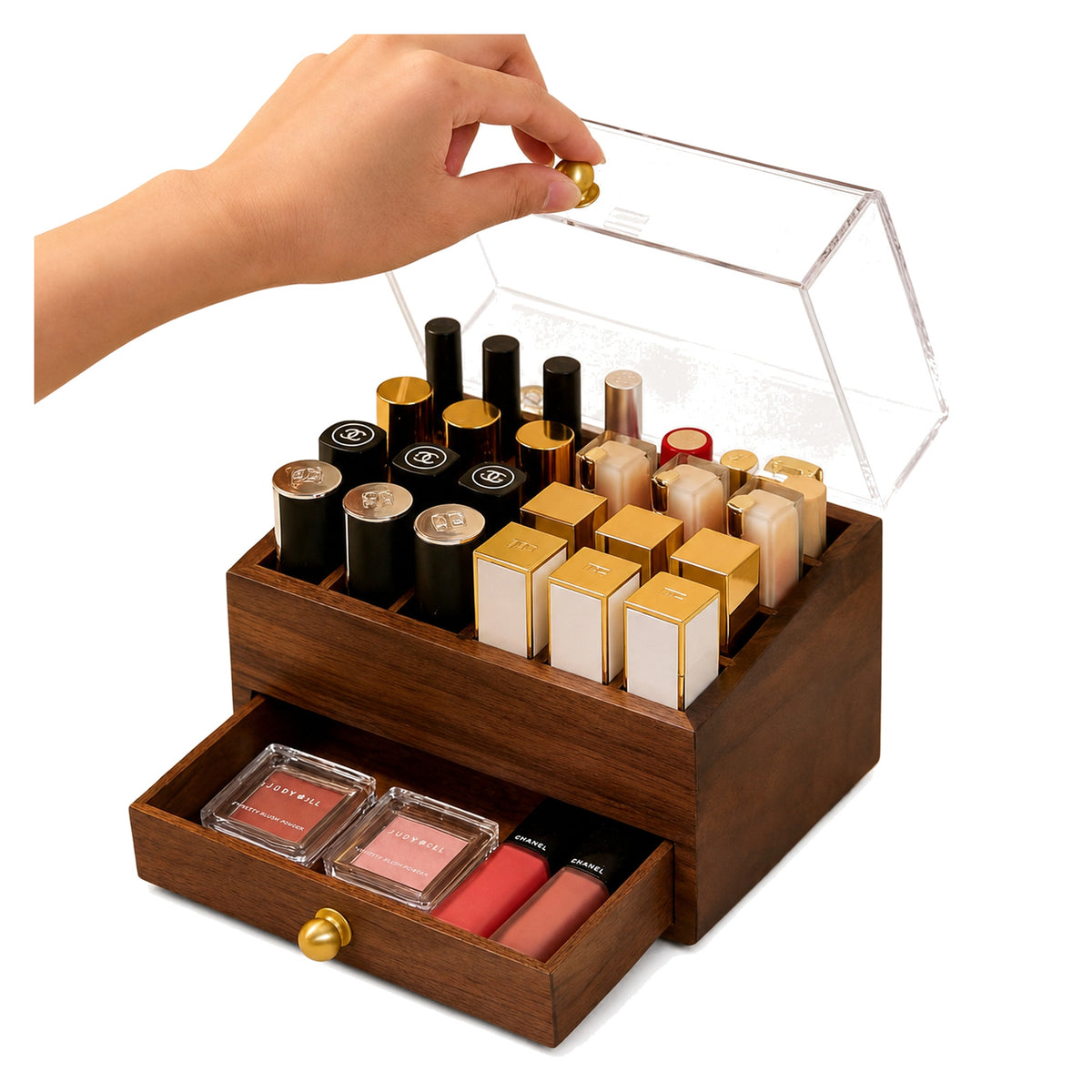 Vanity Solid Walnut Lipsticks Organizer Box on a pure white background