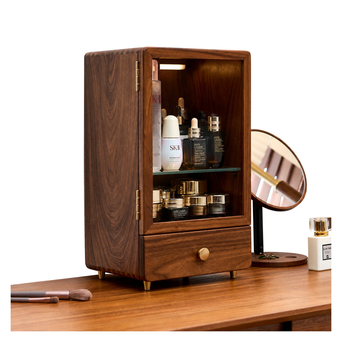 Glam Solid Walnut Makeup Storage Cabinet Organizer on a pure white background