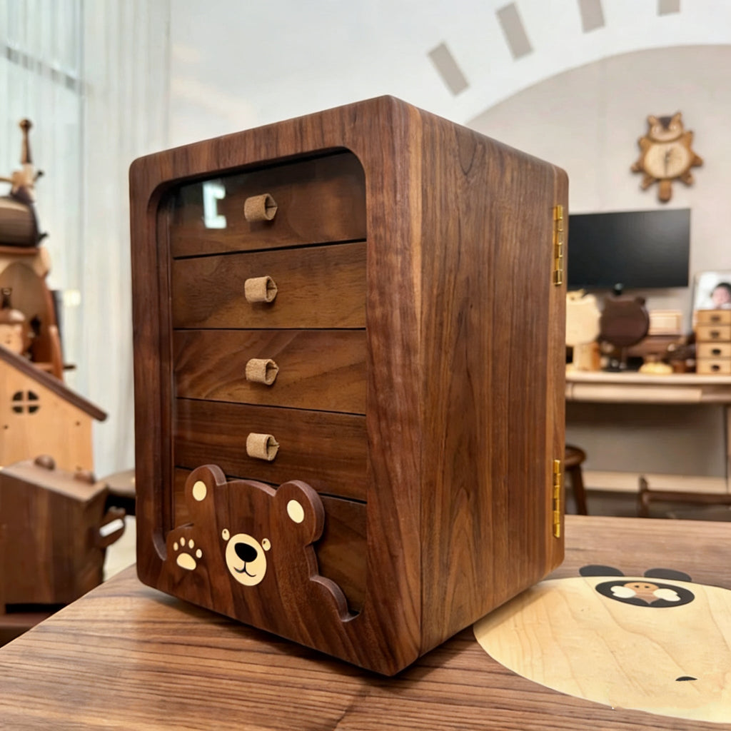 Peoria walnut rotating jewelry cabinet three-quarter view