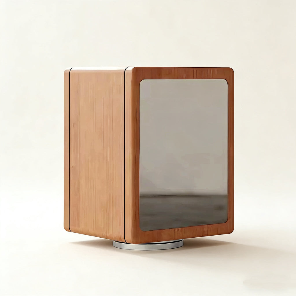Rear mirror view of the Peoria rotating jewelry cabinet in cherry and walnut