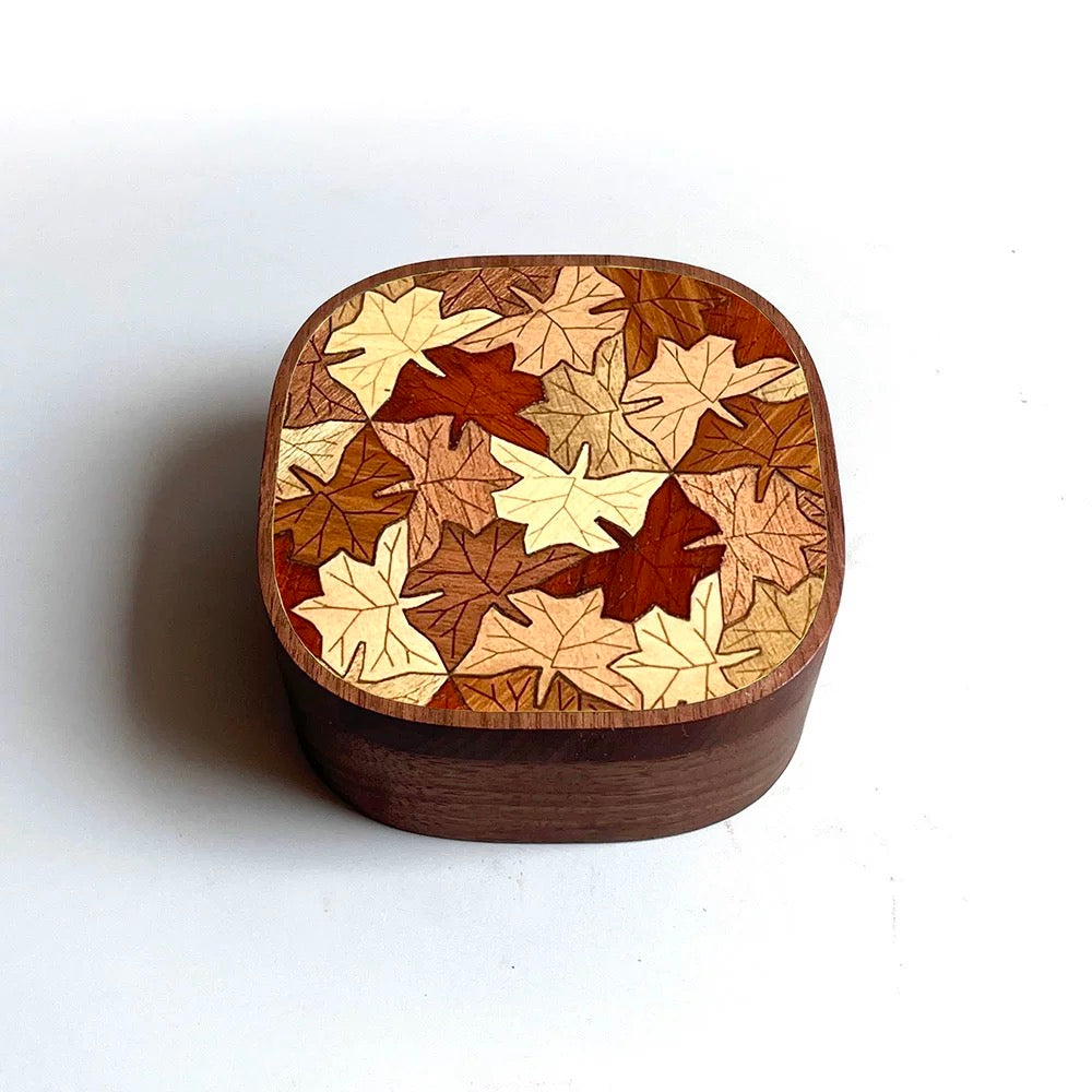 Laya walnut jewelry box with maple leaf wood inlay